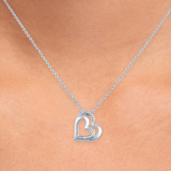 NWT Diamond Accent Double Heart Necklace in Sterling Silver - Picture 2 of 5